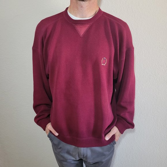 Vintage Tommy Hilfiger Mens Red Sweater Large Maroon Chunky Heavy Knit Crew Neck - Picture 1 of 5